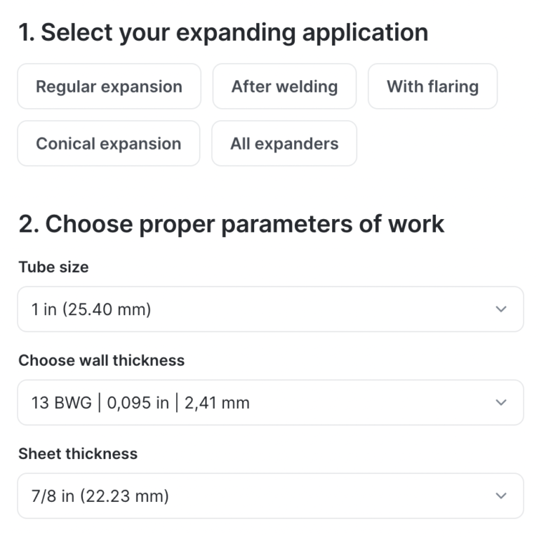 Tube dimensions and parameters in KRAIS Selector